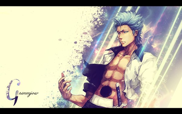 Anime picture 1280x800 with bleach studio pierrot grimmjow jeagerjaques single short hair open mouth blue eyes wide image signed blue hair looking away espada boy weapon sword katana