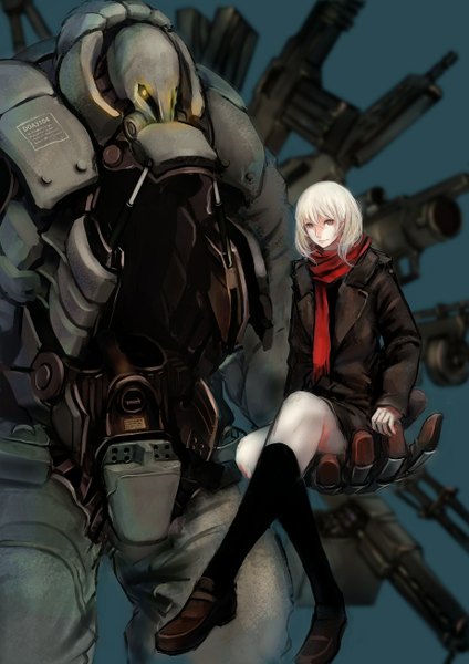 Anime picture 922x1304 with original jittsu tall image looking at viewer fringe short hair blonde hair smile standing sitting brown eyes crossed legs girl thighhighs black thighhighs scarf coat robot