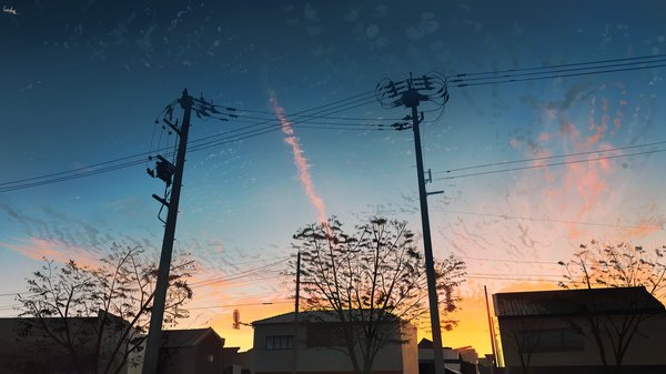 Anime picture 5000x2813 with original banishment highres wide image absurdres sky cloud (clouds) evening sunset no people landscape plant (plants) tree (trees) building (buildings) house power lines