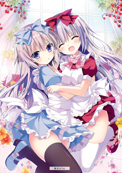 Anime picture 1451x2048 with alice or alice airi (alice or alice) rise (alice or alice) shiwasu horio long hair tall image looking at viewer blush fringe breasts open mouth light erotic smile hair between eyes standing purple eyes multiple girls signed white hair indoors