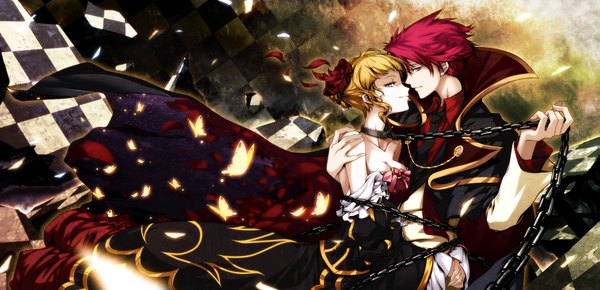 Anime picture 1655x800 with umineko no naku koro ni beatrice ushiromiya battler hong (white spider) short hair blue eyes blonde hair red eyes wide image bare shoulders cleavage red hair hair flower couple face to face checkered checkered background almost kiss slave girl