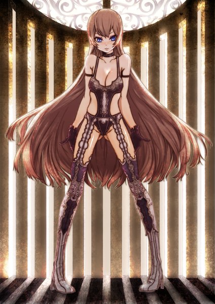 Anime picture 2976x4209 with original omizu 365 single tall image blush highres breasts blue eyes light erotic brown hair standing cleavage very long hair girl thighhighs gloves black thighhighs thigh boots