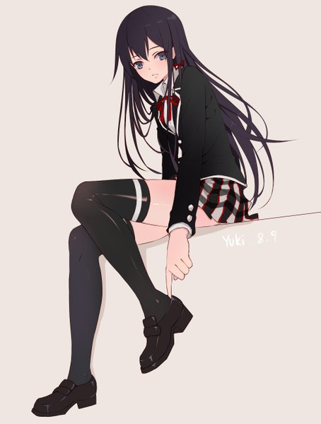 Anime picture 984x1299 with yahari ore no seishun love comedy wa machigatteiru. brains base (studio) yukinoshita yukino zyl single long hair tall image fringe black hair simple background hair between eyes sitting signed full body black eyes grey background dated girl thighhighs uniform