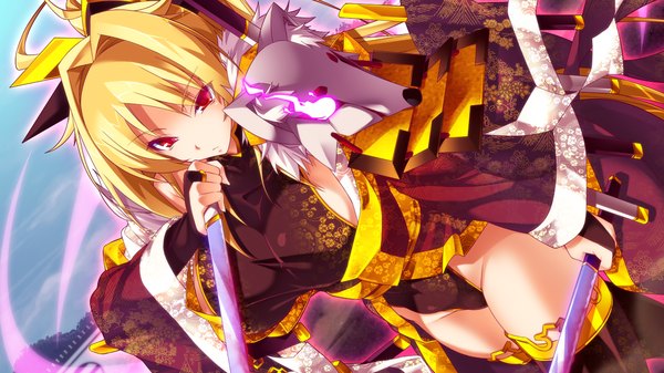 Anime picture 1280x720 with sengoku hime 4 long hair blonde hair red eyes wide image game cg traditional clothes glowing glowing eye (eyes) girl weapon sword katana