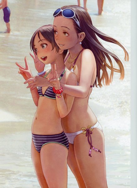 Anime picture 5092x6966 with original range murata long hair tall image highres short hair open mouth light erotic smile brown hair standing multiple girls brown eyes looking away absurdres outdoors :d aqua eyes wind sunlight