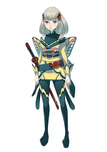 Anime picture 1613x2280 with original suehiro (weaver) single tall image short hair blue eyes blonde hair white background bare shoulders japanese clothes off shoulder sheathed insect wings butterfly wings girl thighhighs hair ornament weapon pantyhose sword