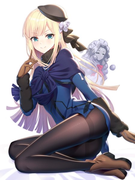 Anime picture 900x1200 with fate (series) fate/grand order lord el-melloi ii case files reines el-melloi archisorte rimmau ririko (zhuoyandesailaer) long hair tall image looking at viewer blush fringe blue eyes light erotic simple background blonde hair smile white background sitting multiple girls full body