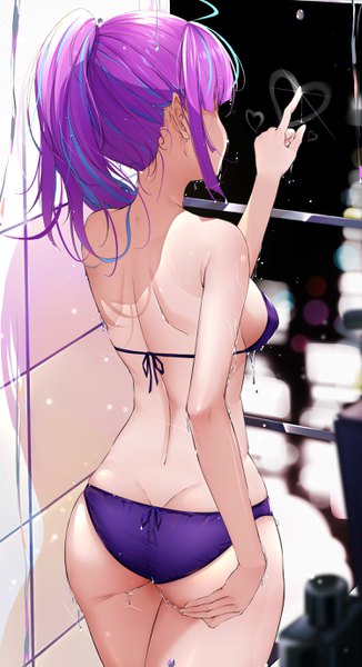 Anime picture 1500x2754 with virtual youtuber hololive minato aqua cqingwei single long hair tall image fringe breasts light erotic standing payot purple hair ahoge ponytail indoors multicolored hair arm up from behind blurry