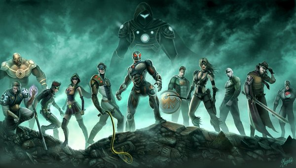 Anime picture 1757x1000 with dc universe online (game) tremor dr. vinci slipshod upgrade witch doctor procyon sovereign cross thor's assassin gray wolf aquila hawk shamrock (peacekeepers) the green zap dusanmarkovic highres wide image signed magic group everyone