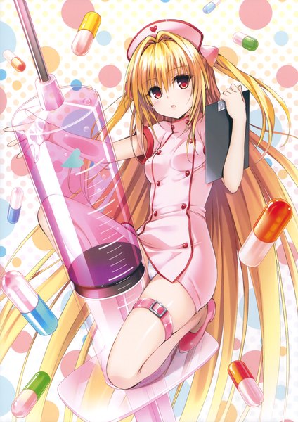 Anime picture 2687x3800 with toloveru toloveru darkness xebec konjiki no yami yabuki kentarou single tall image looking at viewer blush highres light erotic blonde hair red eyes very long hair scan official art pantyshot nurse girl uniform