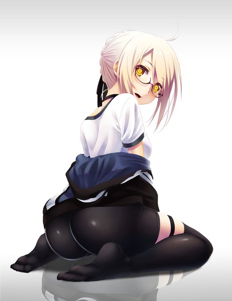 Anime picture 772x1000 with fate (series) fate/grand order artoria pendragon (all) mysterious heroine x (alter) (fate) koko (koko3) single tall image blush short hair open mouth light erotic simple background blonde hair sitting yellow eyes full body ahoge ass wariza reflection