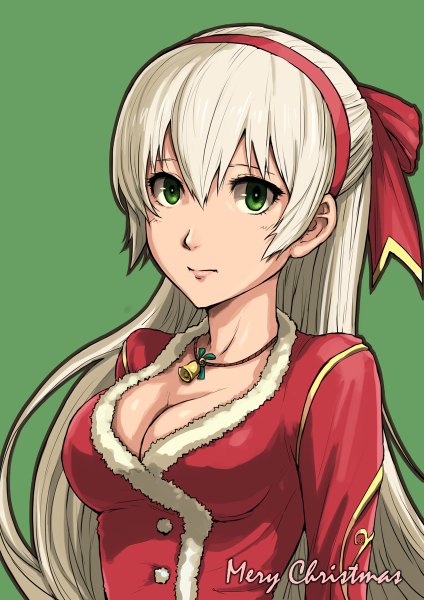 Anime picture 848x1200 with eiyuu densetsu zero no kiseki elie macdowell haoni single long hair tall image looking at viewer simple background green eyes grey hair inscription christmas half updo merry christmas green background girl bow hair bow choker