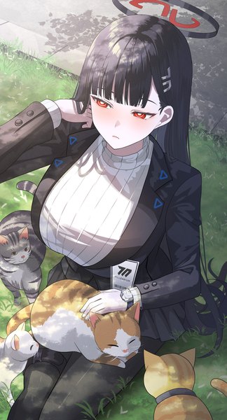 Anime picture 1593x2950 with blue archive rio (blue archive) sysen single long hair tall image blush fringe breasts black hair red eyes large breasts sitting outdoors long sleeves arm up from above adjusting hair girl skirt
