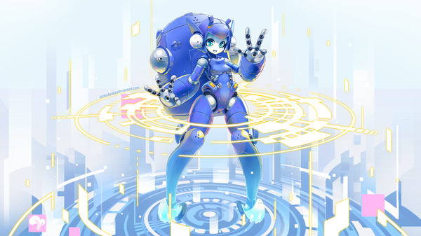 Anime picture 1920x1080 with ghost in the shell ghost in the shell: stand alone complex production i.g tachikoma krokobyaka single looking at viewer highres open mouth blue eyes smile wide image standing signed full body arm up watermark mechanical personification robot