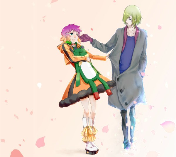 Anime picture 1200x1074 with aquarion (series) aquarion evol satelight jin musou yunoha thrul fringe short hair simple background blonde hair smile green eyes purple hair one eye closed multicolored hair wink hair over one eye couple girl boy petals