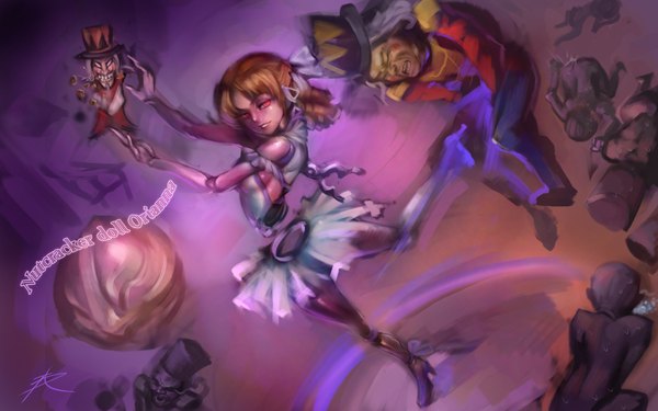 Anime picture 1920x1200 with league of legends orianna (league of legends) phantom (ptcrow) long hair highres red eyes brown hair mechanical girl bow hair bow hat doll (dolls) top hat