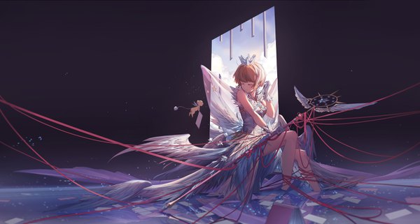 Anime picture 2800x1500 with card captor sakura clamp kinomoto sakura kero (cardcaptor sakura) mivit single highres short hair blonde hair wide image sitting holding sky eyes closed soaking feet multiple wings girl dress gloves ribbon (ribbons)