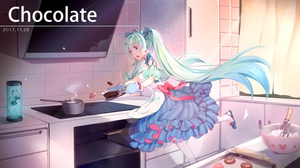 Anime picture 1920x1080 with vocaloid hatsune miku kotoba (610430468) single fringe highres open mouth blue eyes hair between eyes wide image twintails holding indoors very long hair aqua hair floating hair dated valentine falling cooking