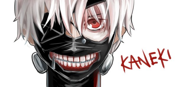 Anime picture 1680x829 with tokyo ghoul studio pierrot kaneki ken sugai (4ugaii) single looking at viewer short hair simple background red eyes wide image white background white hair teeth character names close-up face boy mask zipper