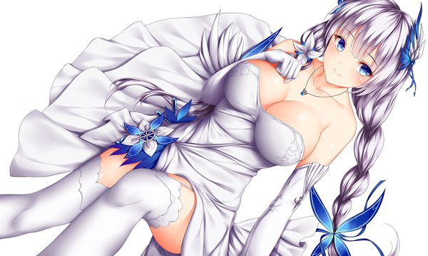 Anime picture 2000x1200 with azur lane illustrious (azur lane) illustrious (illustrious ballroom) (azur lane) wsman single long hair looking at viewer blush fringe highres breasts blue eyes light erotic simple background smile hair between eyes wide image large breasts white background sitting