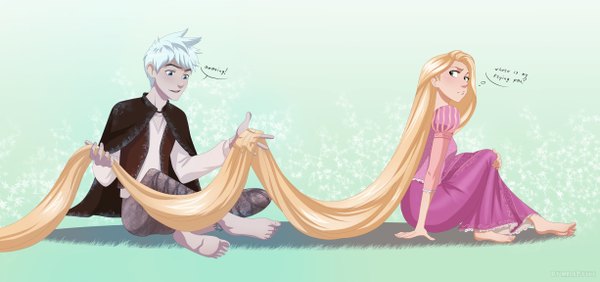 Anime picture 2450x1152 with rise of the guardians tangled disney dreamworks jack frost (rise of the guardians) rapunzel milady666 highres short hair blue eyes blonde hair wide image sitting green eyes blue hair very long hair looking back barefoot crossed legs girl