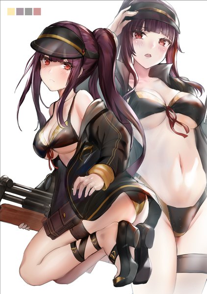 Anime picture 704x1000 with girls frontline wa2000 (girls frontline) qian wu atai long hair tall image looking at viewer blush fringe breasts open mouth light erotic simple background red eyes large breasts standing white background payot cleavage purple hair full body