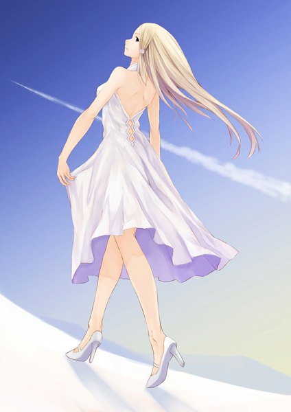 Anime picture 800x1131 with original kanden single long hair tall image looking at viewer blue eyes blonde hair bare shoulders sky profile high heels back walking dress lift girl dress hair ornament white dress