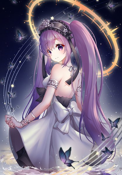 Anime picture 740x1057 with fate (series) fate/hollow ataraxia euryale (fate) paya (aejx2345) single long hair tall image looking at viewer blush fringe breasts hair between eyes standing purple eyes bare shoulders payot purple hair looking back light smile from behind