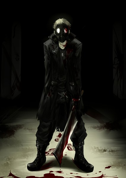 Anime picture 799x1129 with original sakuryuugai (artist) single tall image looking at viewer short hair brown hair piercing boy gloves boots pendant blood coat gas mask nose hatchet