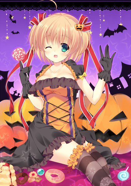 Anime picture 867x1227 with little busters! key (studio) kamikita komari bekotarou single tall image looking at viewer blush short hair open mouth blue eyes blonde hair one eye closed wink two side up halloween girl thighhighs dress gloves