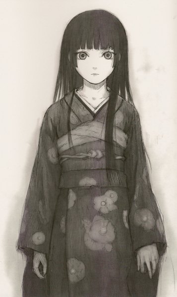 Anime picture 1848x3104 with hell girl studio deen enma ai tagme (artist) single long hair tall image looking at viewer highres standing traditional clothes japanese clothes grey background floral print monochrome expressionless girl kimono