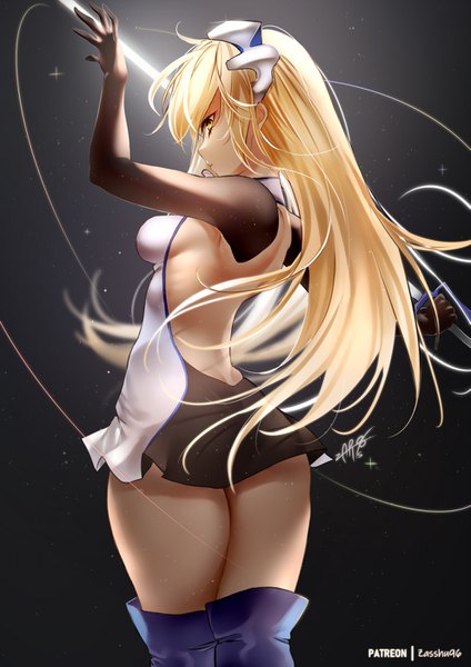 Anime picture 989x1400 with dungeon ni deai wo motomeru no wa machigatteiru darou ka j.c. staff aiz wallenstein zasshu single long hair tall image looking at viewer fringe breasts light erotic simple background blonde hair standing holding signed yellow eyes payot parted lips profile