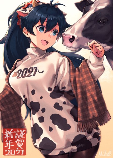 Anime picture 1001x1400 with idolmaster ganaha hibiki mikel (4hands) single long hair tall image fringe open mouth blue eyes black hair hair between eyes signed animal ears looking away ponytail :d fake animal ears new year animal print 2021