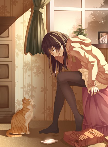 Anime picture 665x900 with original yasuno (airy light) single long hair tall image fringe brown hair sitting brown eyes profile no shoes crying girl skirt plant (plants) animal pantyhose window hood cat