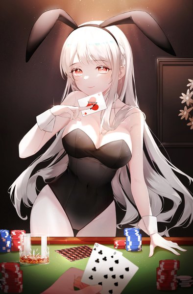 Anime picture 3008x4585 with original yeoni mon long hair tall image looking at viewer blush fringe highres breasts light erotic red eyes large breasts standing holding animal ears absurdres cleavage silver hair indoors braid (braids)