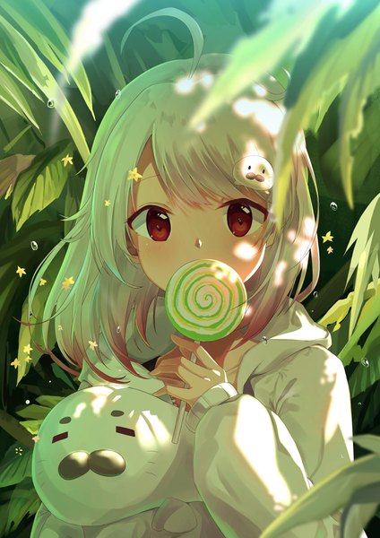 Anime picture 2480x3508 with virtual youtuber project sp shirakami haruka zhongchun ci single tall image blush fringe highres short hair red eyes holding silver hair upper body ahoge outdoors long sleeves sunlight blurry shadow