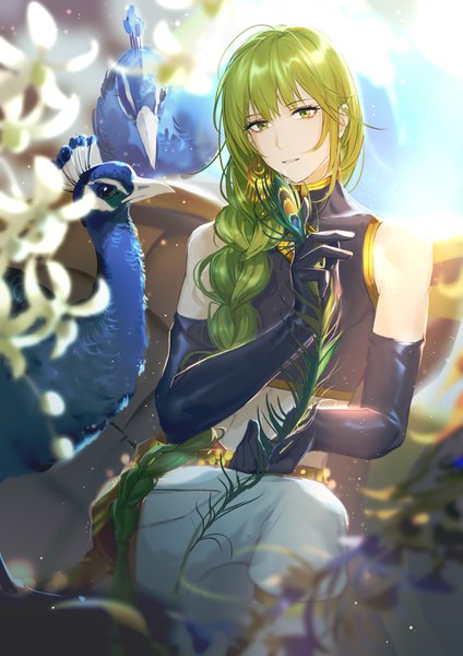 Anime picture 2480x3508 with fate (series) fate/strange fake enkidu (fate) rrr (reason) single long hair tall image looking at viewer highres sitting bare shoulders green eyes braid (braids) green hair single braid androgynous boy gloves animal black gloves
