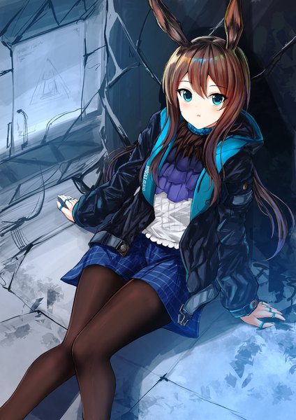 Anime picture 1273x1800 with arknights amiya (arknights) wsman single long hair tall image looking at viewer blush fringe open mouth blue eyes hair between eyes brown hair sitting animal ears from above arm support open jacket bunny ears plaid skirt