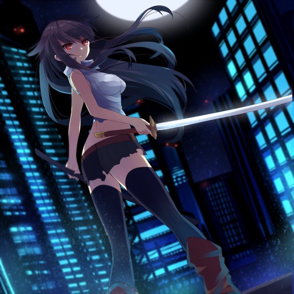 Anime picture 825x825 with mishima kurone single long hair black hair smile red eyes standing looking back from behind night night sky torn clothes city cityscape city lights girl thighhighs skirt weapon black thighhighs