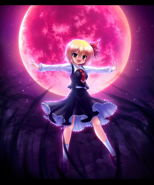 Anime picture 1250x1500 with touhou rumia takeponi single tall image blush short hair open mouth blonde hair red eyes teeth fang (fangs) red moon girl dress skirt socks white socks skirt set