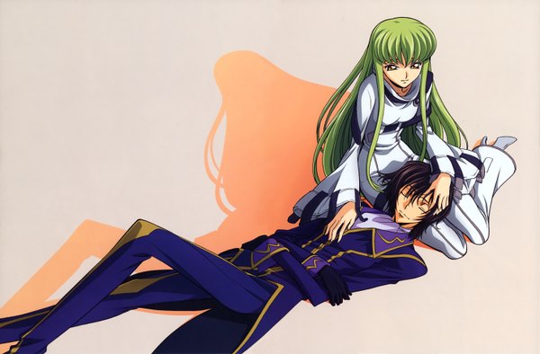 Anime picture 5808x3816 with code geass sunrise (studio) c.c. lelouch lamperouge long hair fringe highres short hair breasts black hair simple background yellow eyes payot bent knee (knees) eyes closed green hair shadow hand on head girl boy