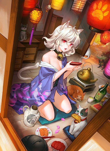 Anime picture 880x1200 with original asuka111 single tall image looking at viewer fringe short hair open mouth light erotic hair between eyes red eyes sitting holding animal ears full body ahoge bent knee (knees) white hair indoors tail