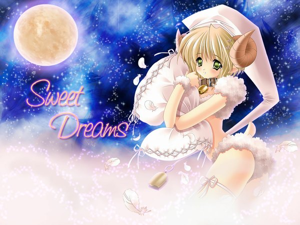 Anime picture 1024x768 with original carnelian single short hair light erotic blonde hair green eyes horn (horns) wallpaper text english bell collar pillow hug sheep girl girl pillow moon bell feather (feathers) full moon