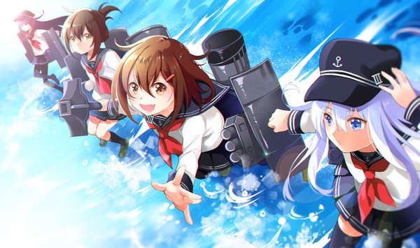 Anime picture 1000x593 with kantai collection hibiki destroyer akatsuki destroyer inazuma destroyer ikazuchi destroyer shiosoda fumako long hair looking at viewer fringe short hair open mouth blue eyes hair between eyes brown hair wide image purple eyes multiple girls brown eyes payot
