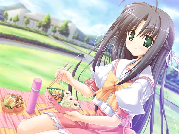 Anime picture 1200x900 with gakuto (game) long hair black hair green eyes game cg girl serafuku