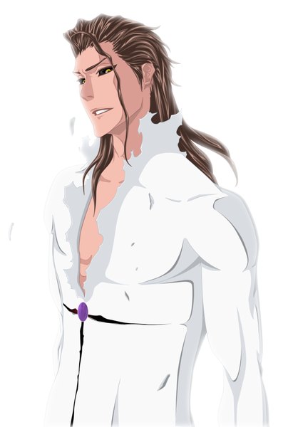 Anime picture 1510x2200 with bleach studio pierrot aizen sousuke noname37 single long hair tall image brown hair white background yellow eyes japanese clothes coloring torn clothes boy kimono debris