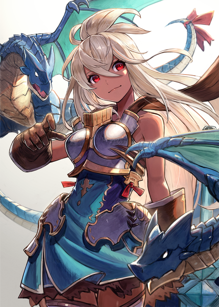 Anime picture 1212x1700 with granblue fantasy the order grande kuroi susumu single long hair tall image looking at viewer fringe hair between eyes red eyes white hair fantasy girl gloves armor dragon breastplate