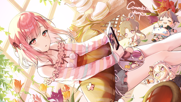Anime picture 1422x800 with original yampa single looking at viewer blush fringe short hair open mouth wide image sitting bare shoulders holding signed pink hair indoors pink eyes :o dutch angle girl flower (flowers)