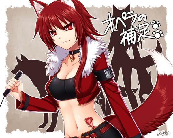 Anime picture 1280x1024 with original pixiv fantasia konshin single short hair red eyes animal ears red hair animal tail midriff tattoo girl navel jacket microphone