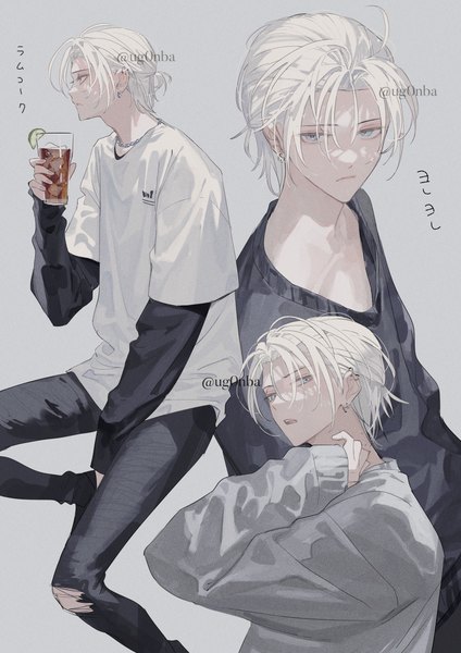 Anime picture 1000x1414 with original ugonba (howatoro) tall image short hair simple background signed white hair long sleeves profile grey background mole grey eyes twitter username piercing sleeves past wrists ear piercing multiview casual boy t-shirt